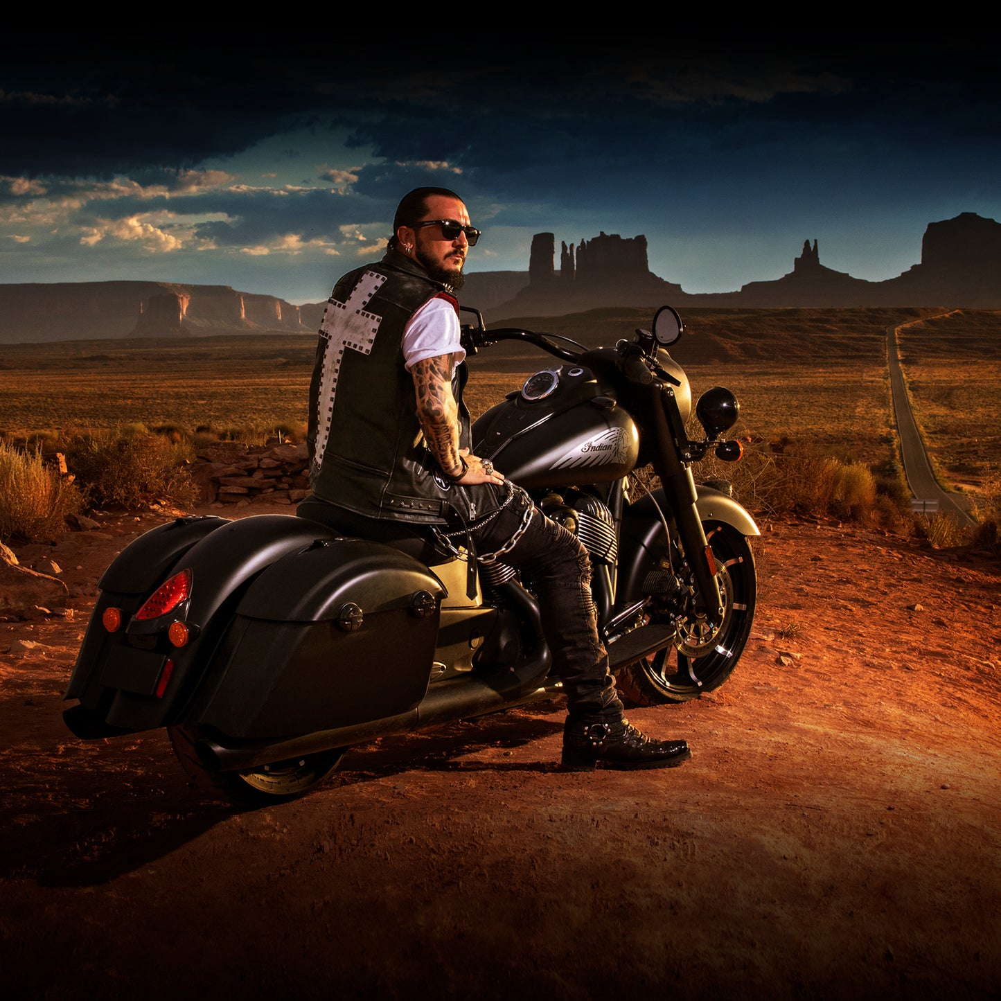 Singer and Rapper Crucifix on Indian Motorcycle in Monument Valley Arizona