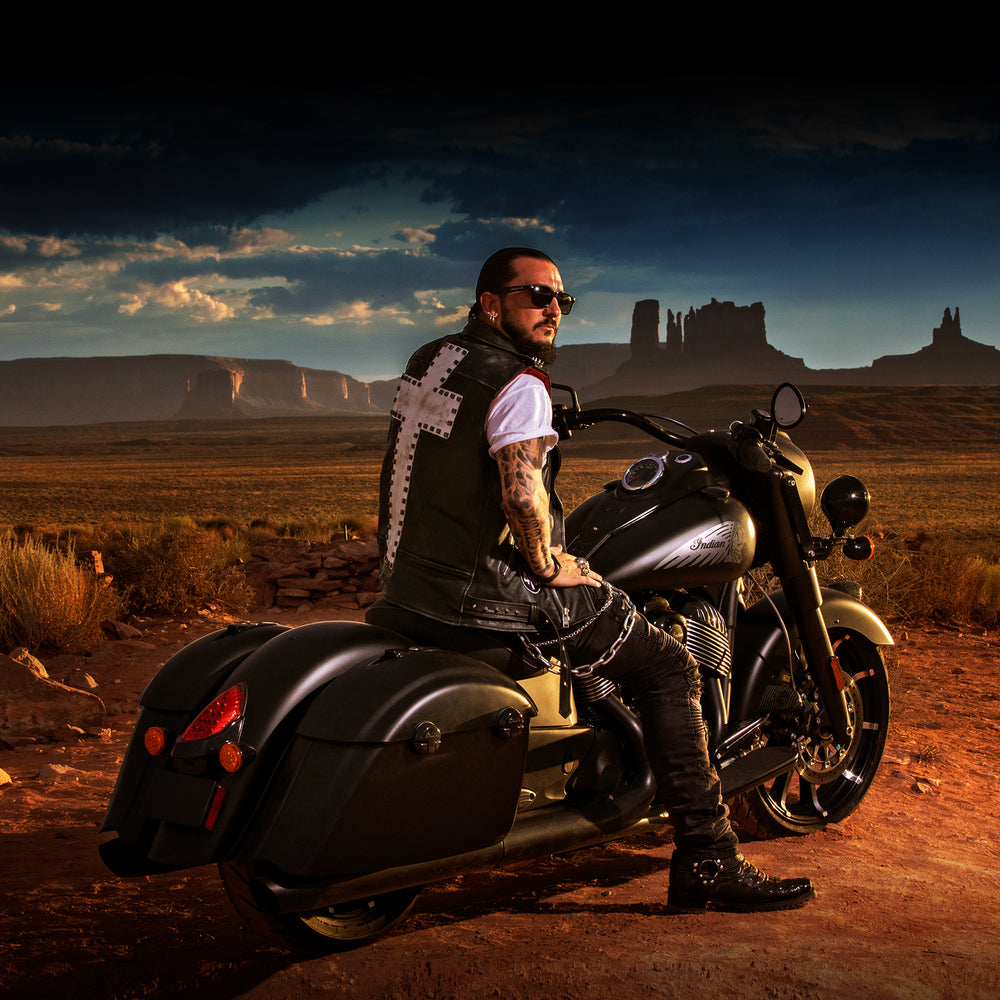 Singer and Rapper Crucifix on Indian Motorcycle in Monument Valley Arizona