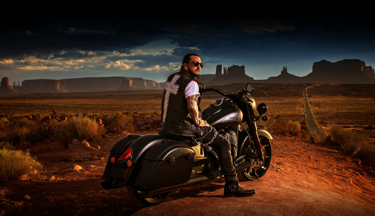 Singer and Rapper Crucifix on Indian Motorcycle in Monument Valley Arizona